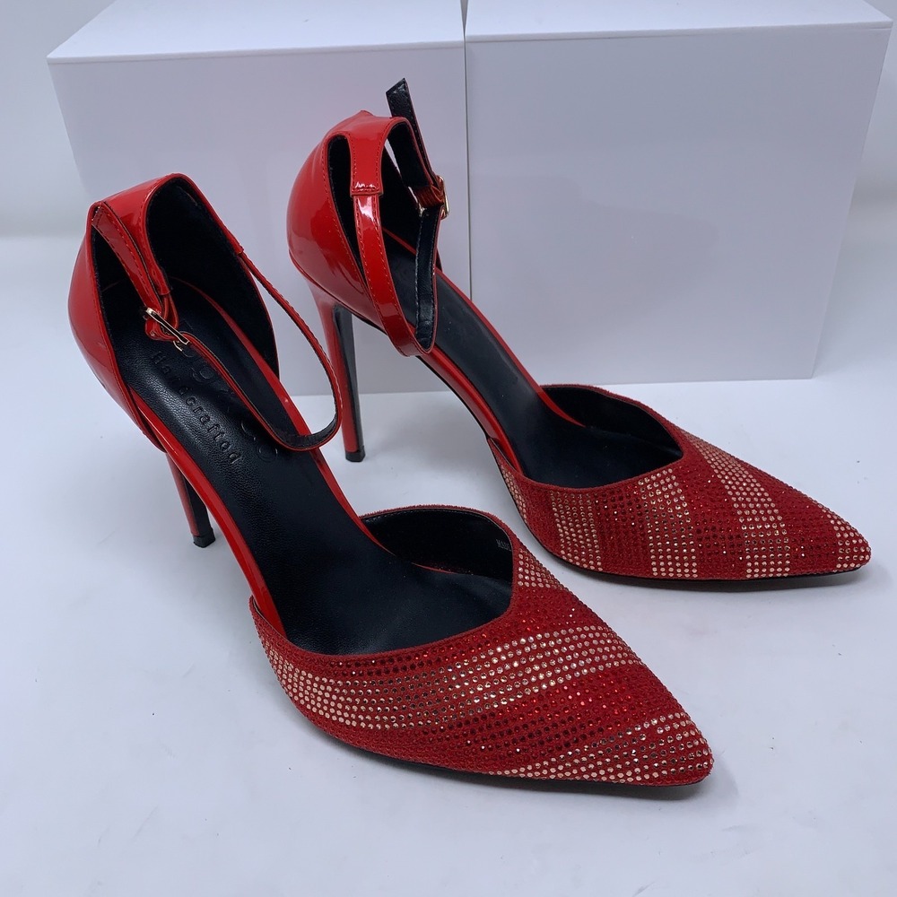 Rag & Co Womens 9 Red Rhinestone Pattern Pin Buckle Nobles Stiletto Sandals NWOT